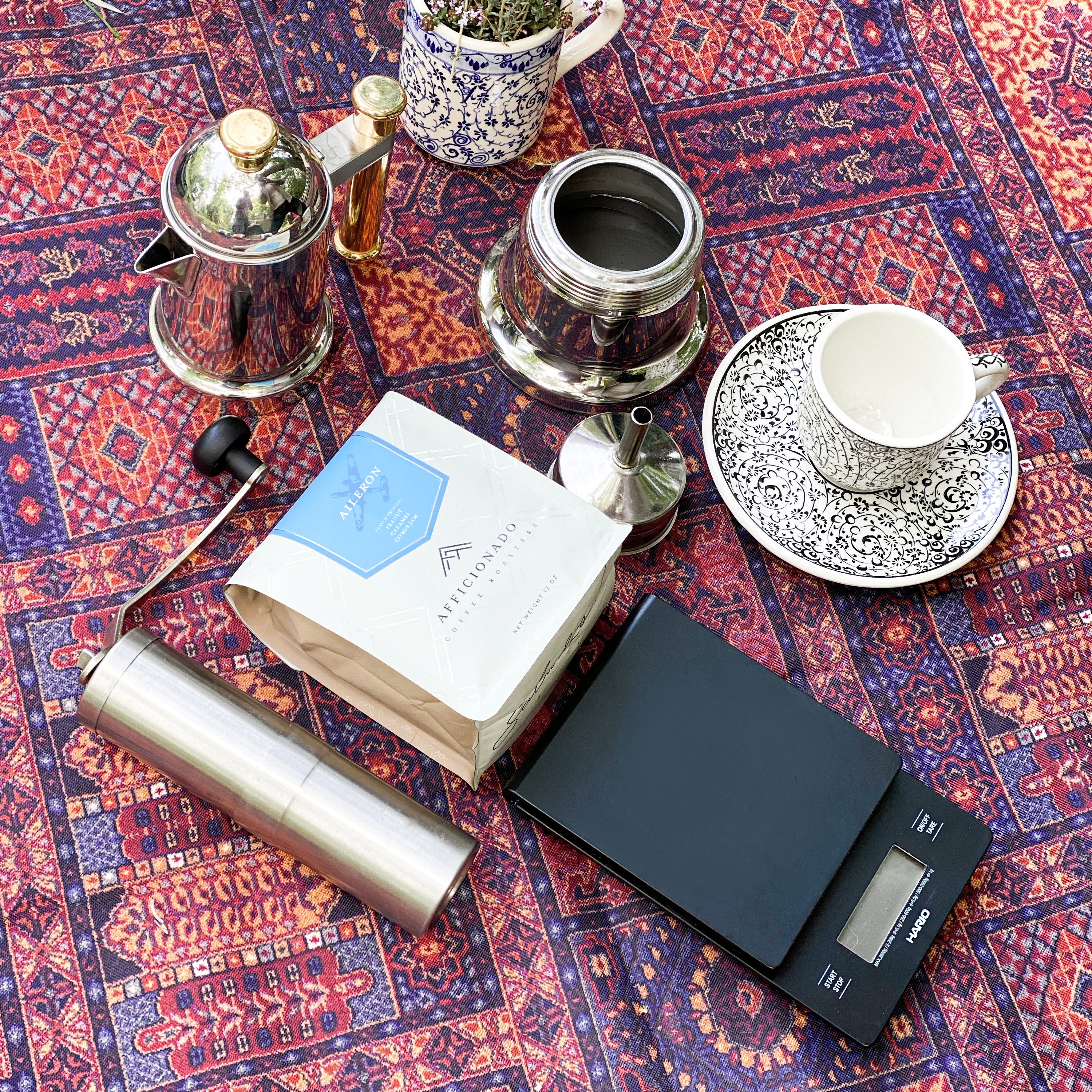 Afficionado Coffee Roasters Aileron Blend, Picnic, Grinder, scale, Turkish ceramic cup