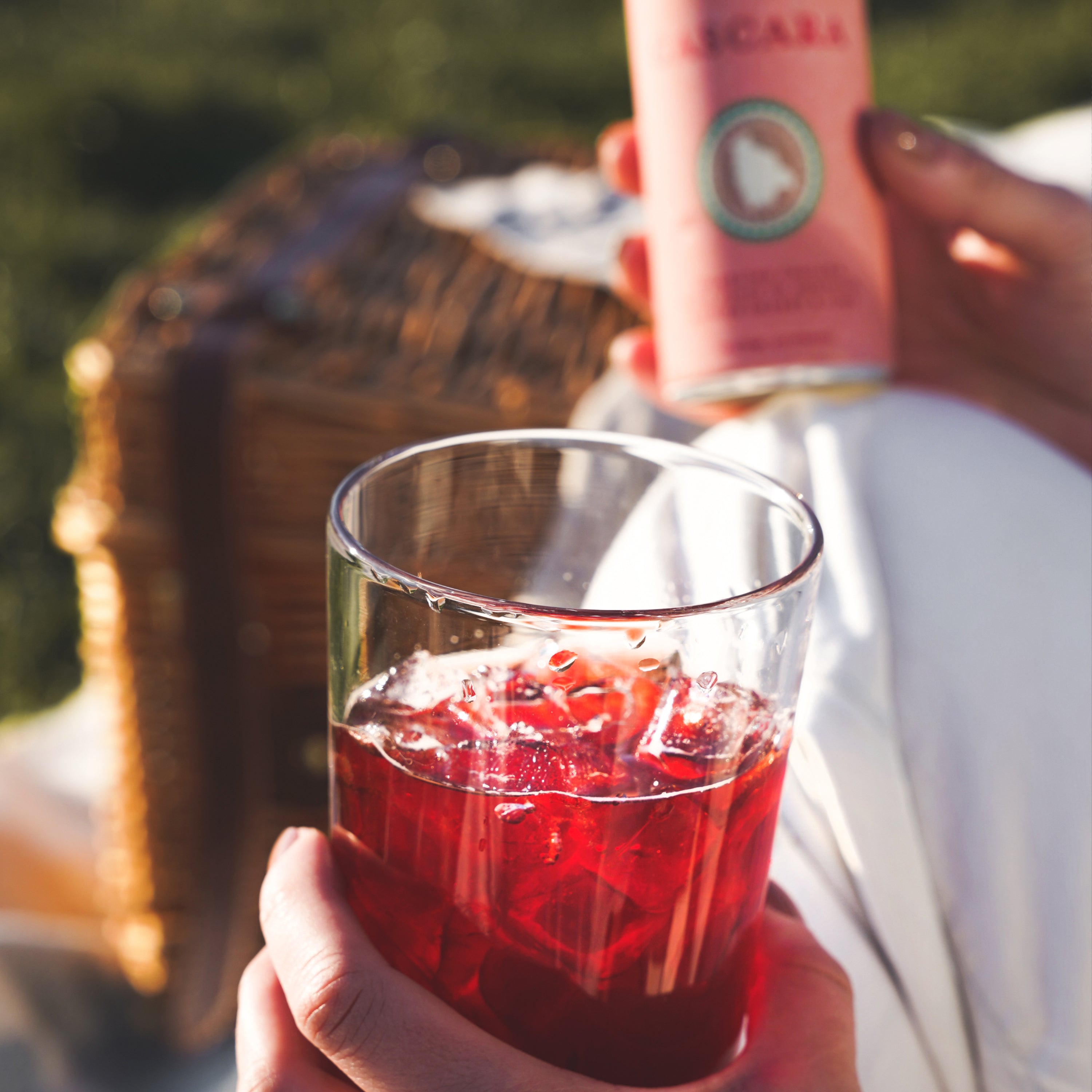 Afficionado Coffee Roasters Cascara, Sparkling Bolivian Cascara with hints of hibiscus, rainier cherry, and lime. Ready to drink 8.4oz can, poured in glass, natural light